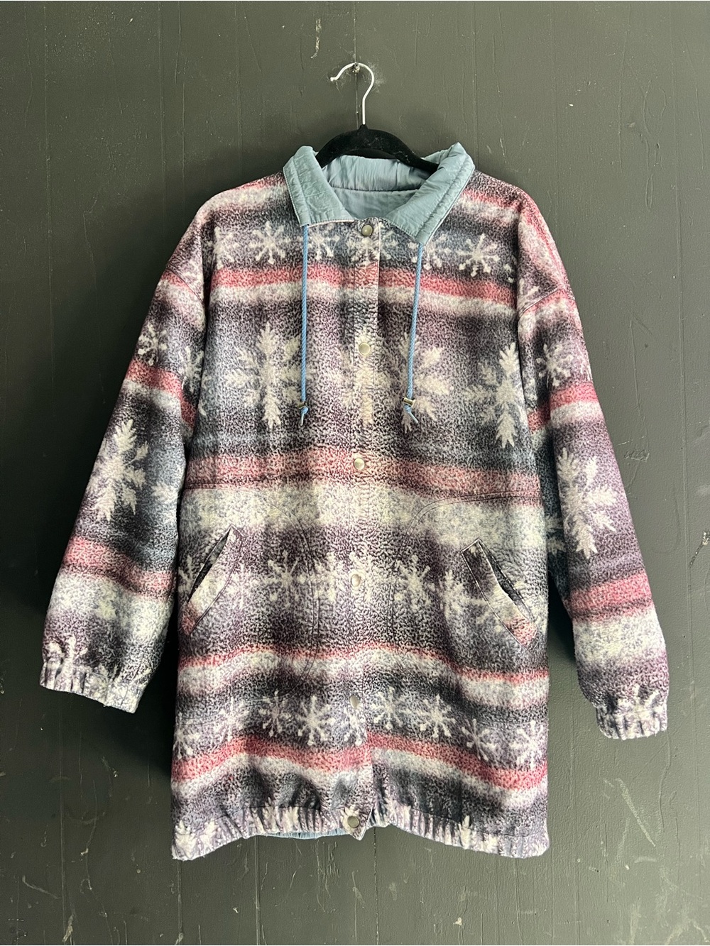 Vintage Snowflake Pattern Trench Coat - Pink, Gray & Blue